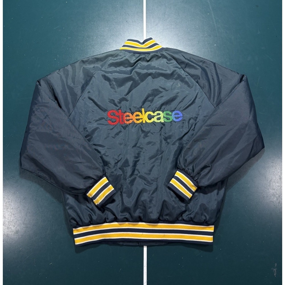 Vintage Steelcase Satin Bomber Jacket Men's Large Navy Blue Rainbow Logo USA 80s